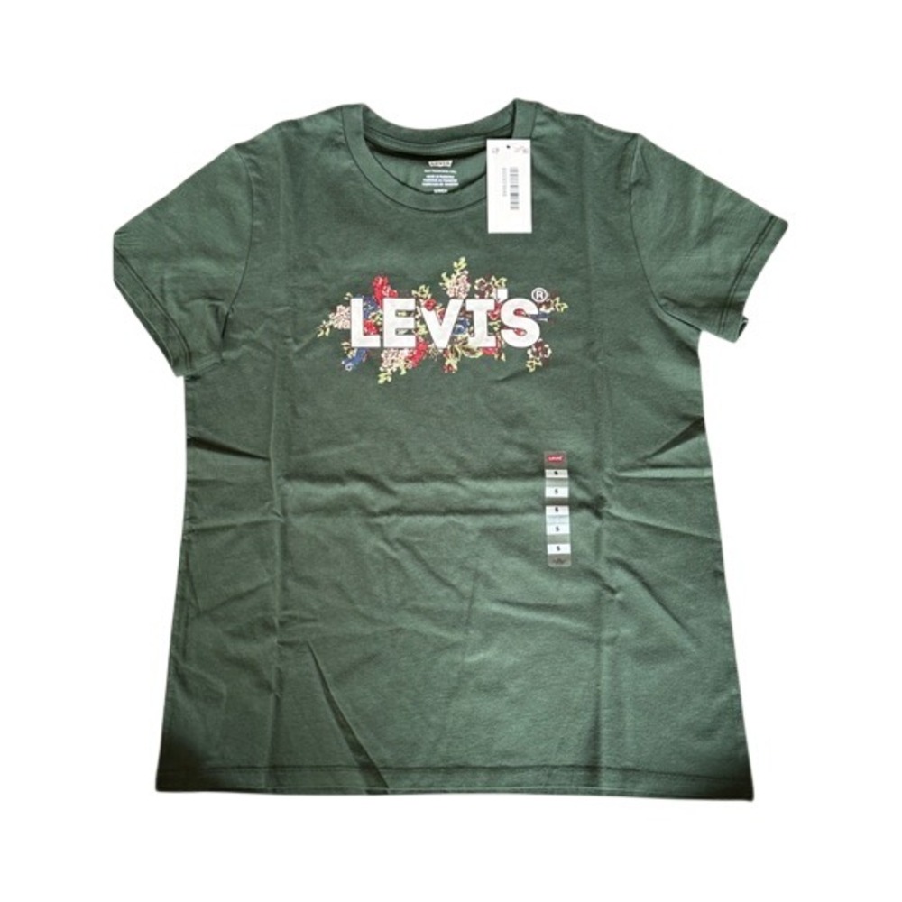 Levi's Women's Perfect Tee Floral Logo Graphic T-Shirt Green Short Sleeve Small